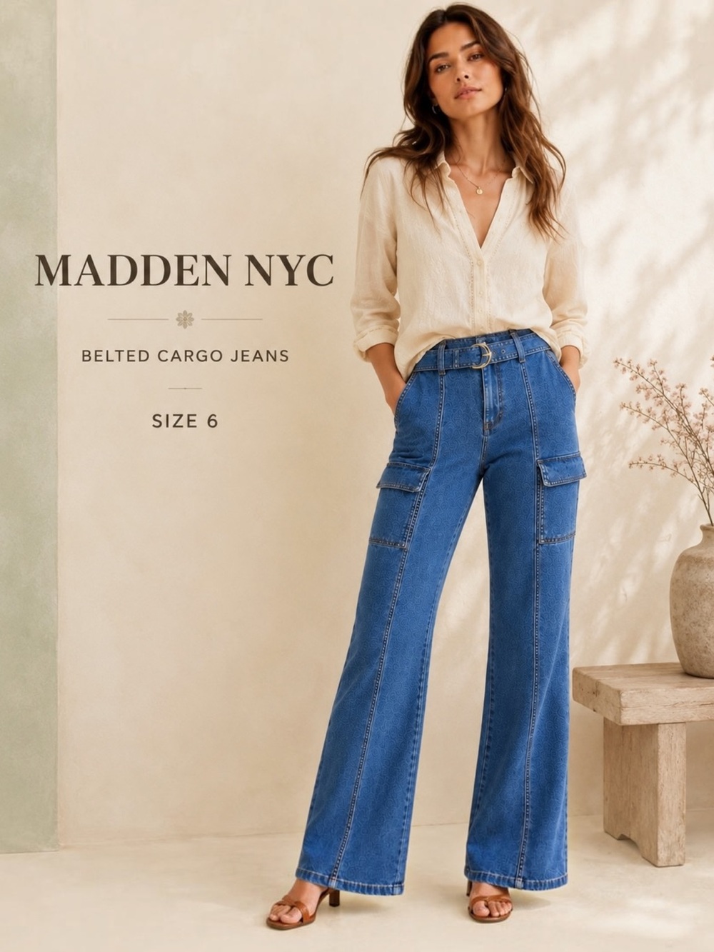 Madden NYC Belted Cargo Jeans Women’s 6 High Rise Wide Leg Stretch Denim